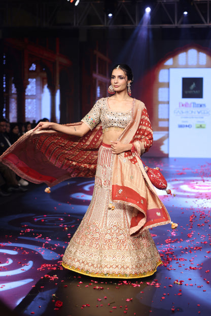 Ghungroo Brick Red & Peach Banarsi Lehenga with Polki & Mirror Work