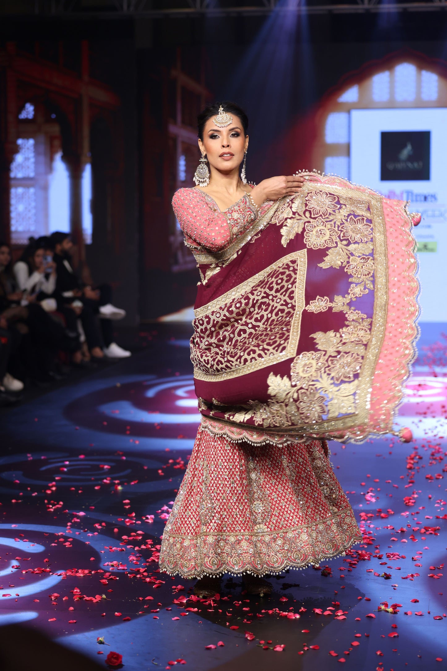 The Ghungroo Showstopper: Pink & Red Hand-Embroidered Anarkali with Burgundy Banarsi Dupatta