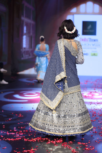 Ghungroo Gray Mirror Work Hand-Embroidered Anarkali with Hand-Embroidered Cobalt Blue Dupatta