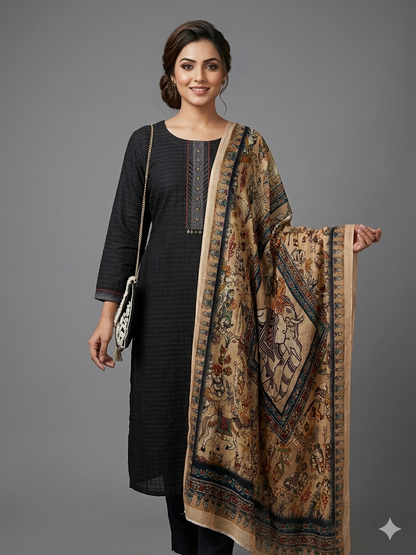 Beige Printed Satin Dupatta