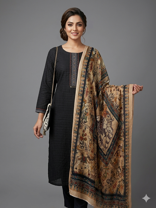 Beige Printed Satin Dupatta Drape