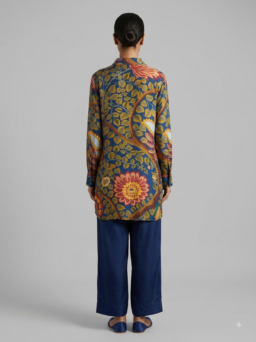Blue Hand Paint Printed Crepe Cord Set