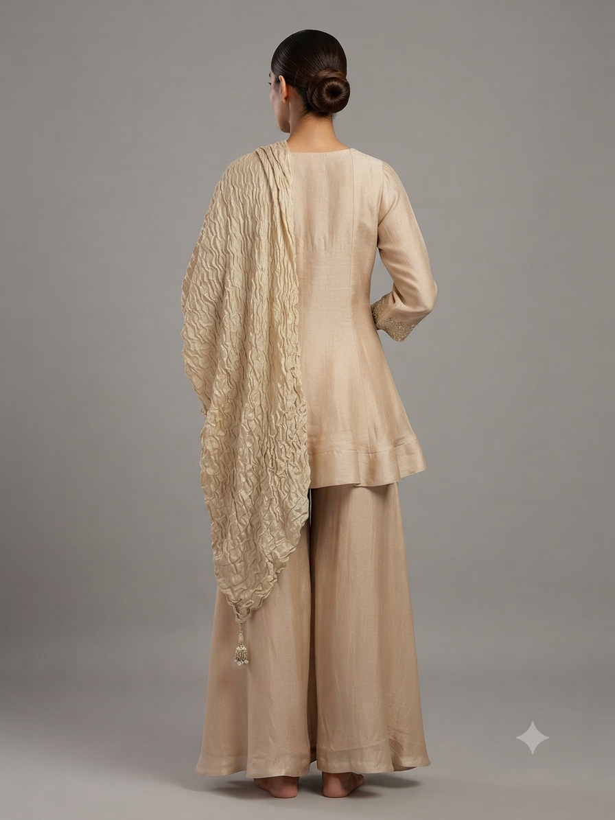 Rose Gold Creap Embellish  Flat Pant with Shirt Duptta