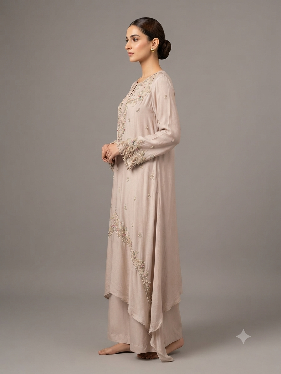 Rose Gold Creap Embellish Kurta Set With Dupatta
