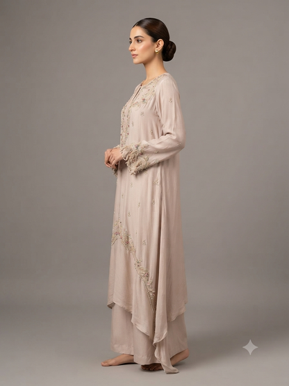 Rose Gold Creap Embellish Kurta Set With Dupatta