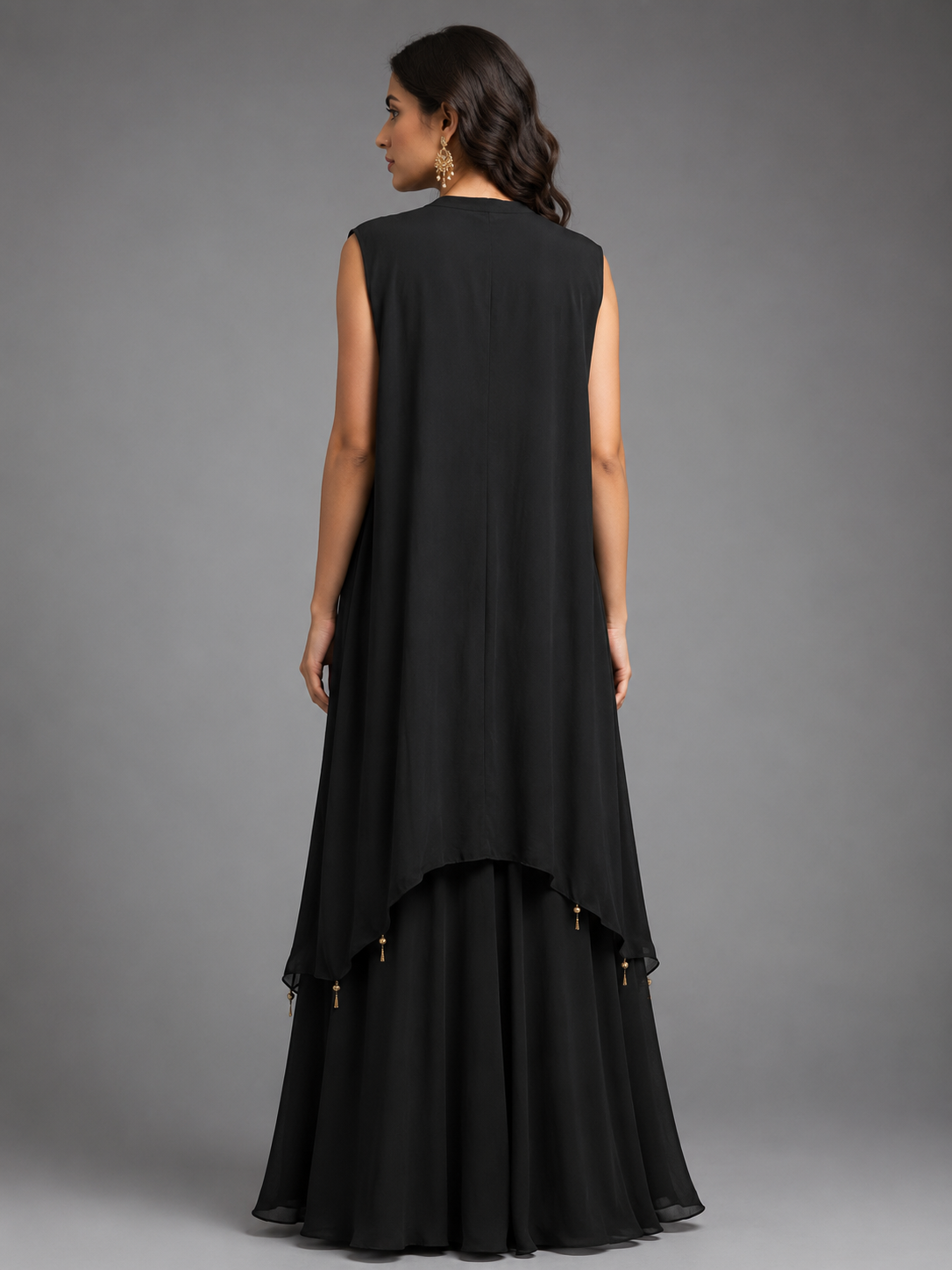 Black Satin Embellished kaftan with Cowl dreap skirt
