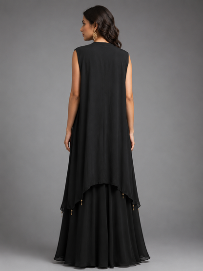 Black Satin Embellished kaftan with Cowl dreap skirt