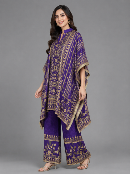 Royal Purple Satin Silk Mughal Geometric Printed Kaftan Pant Set