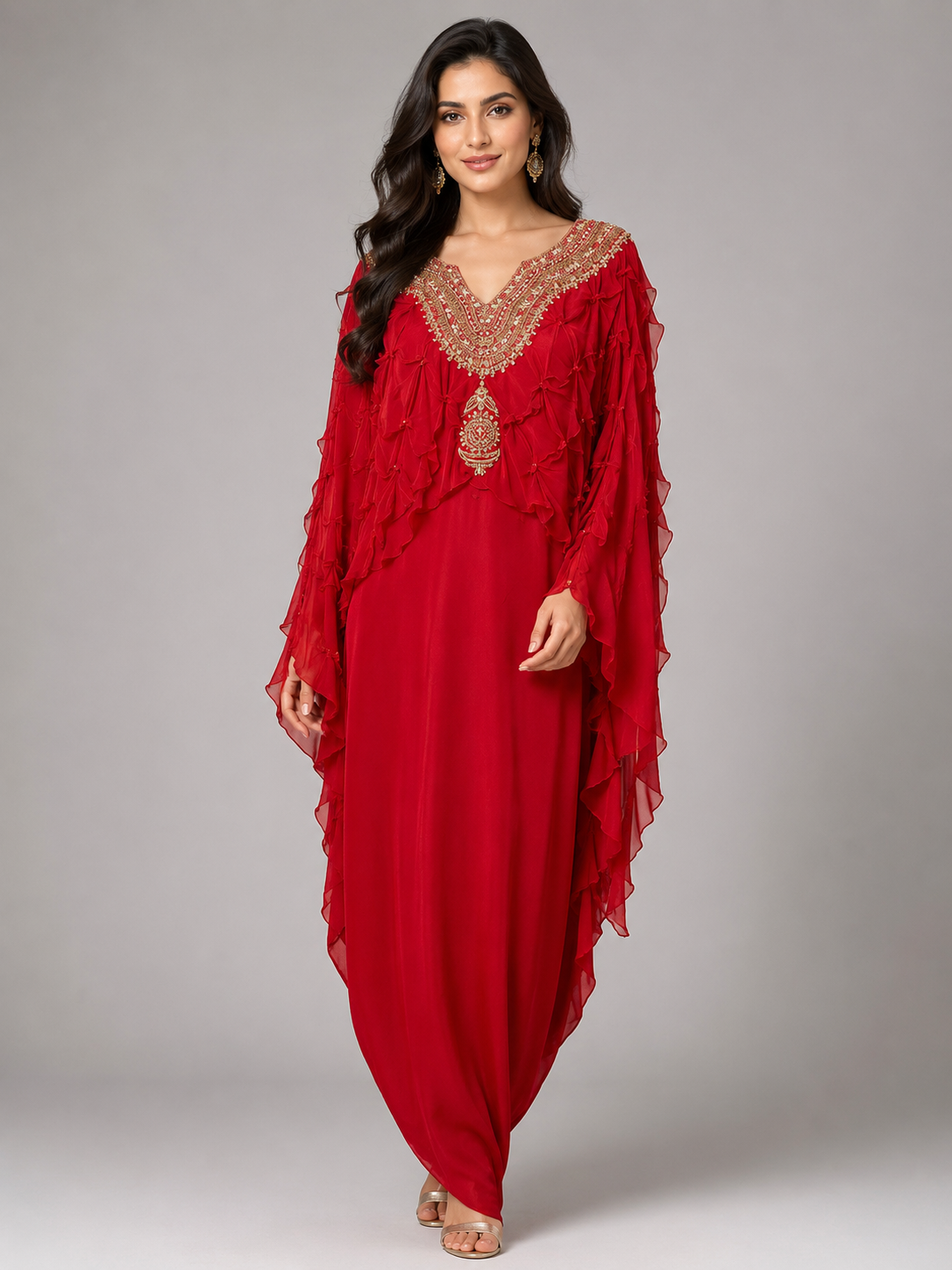 Red georgette dress with cape