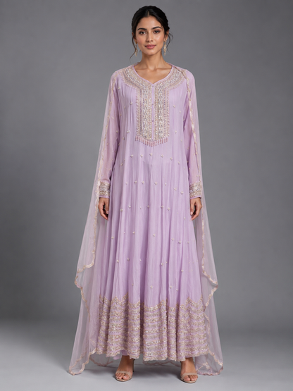 Lavender Chiffon Hand-Embroidered Anarkali Suit Set