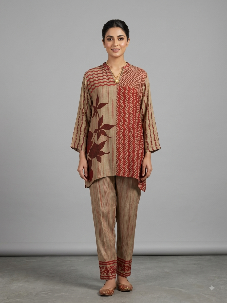 Beige Crepe Printed Cord Set