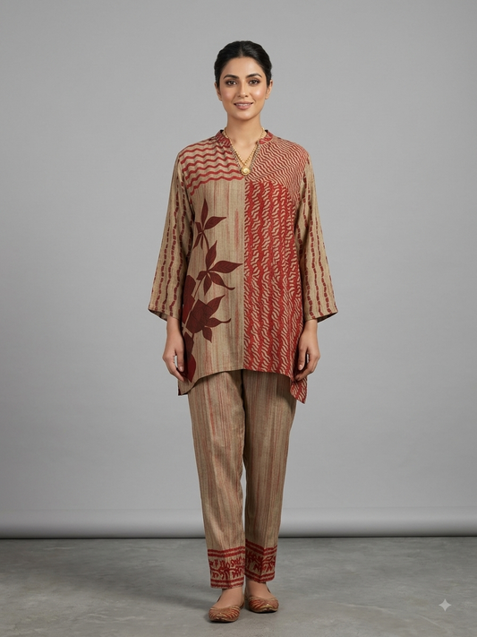 Beige Crepe Printed Cord Set