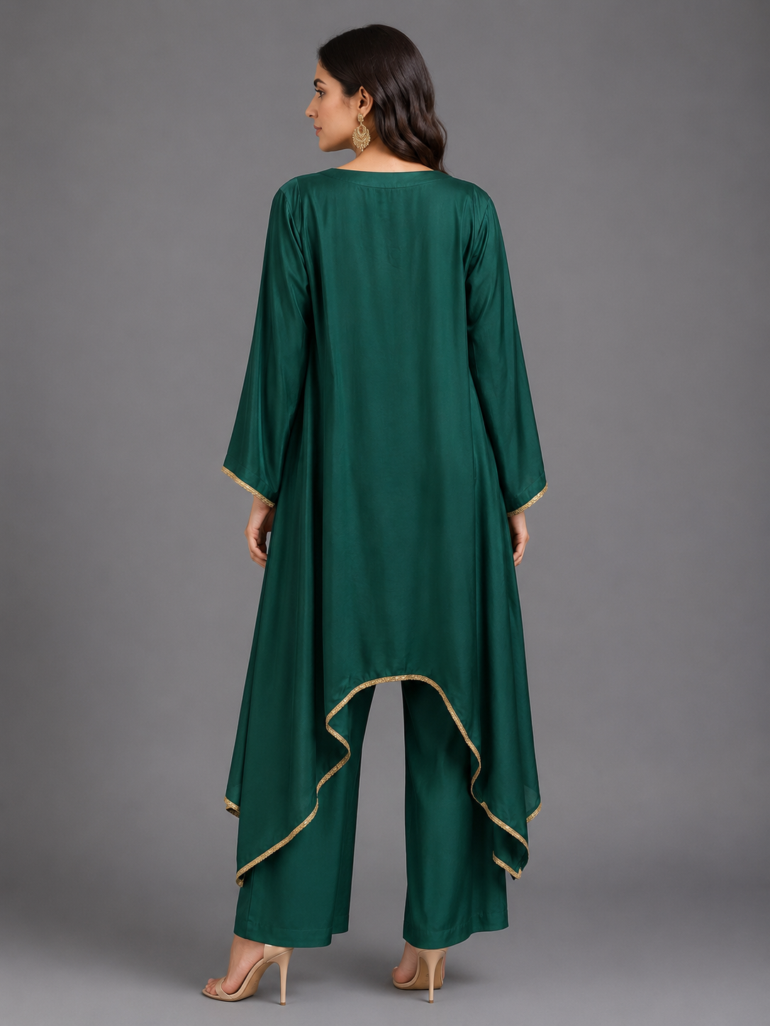 Green Satin Embellished Cord Set - Kurta & Pant