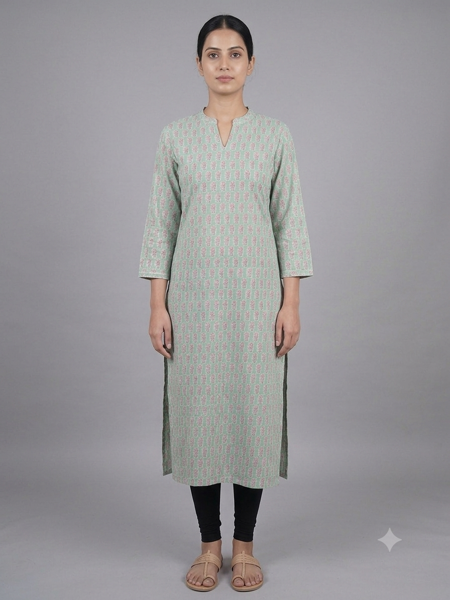 Green Printed Cotton Kurta