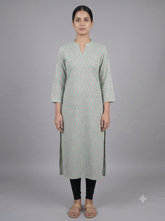 Green Printed Cotton Kurta