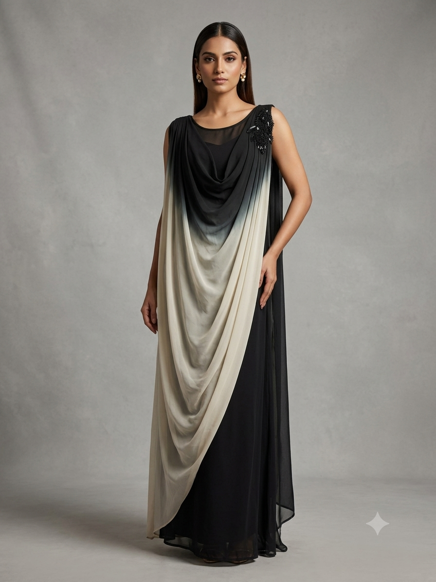 Black Georgette Ombre Cowl Dress