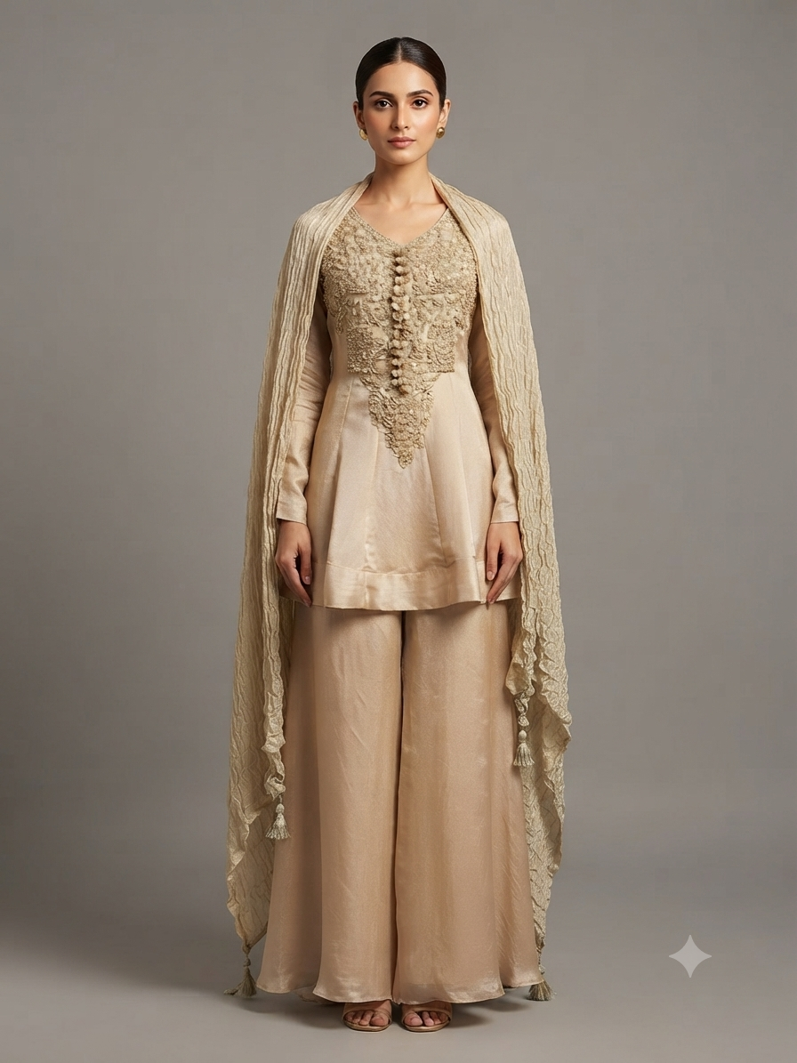 Rose Gold Creap Embellish  Flat Pant with Shirt Duptta