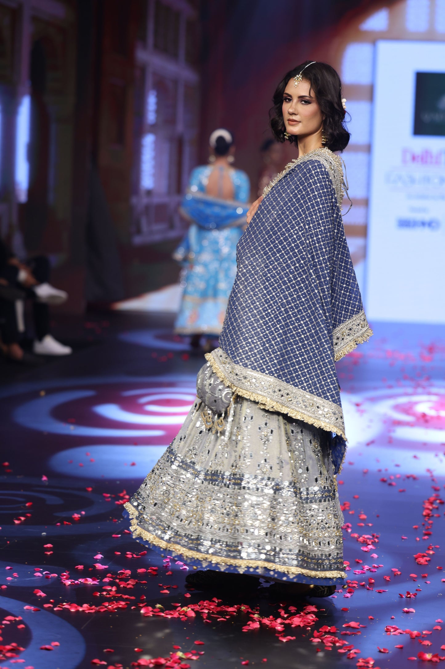 Ghungroo Gray Mirror Work Hand-Embroidered Anarkali with Hand-Embroidered Cobalt Blue Dupatta