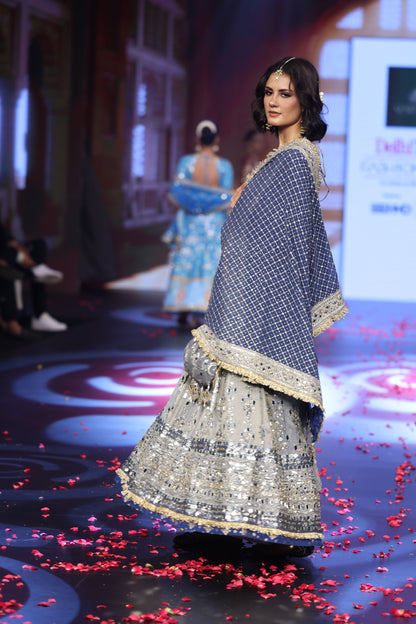 Ghungroo Gray Mirror Work Hand-Embroidered Anarkali with Hand-Embroidered Cobalt Blue Dupatta