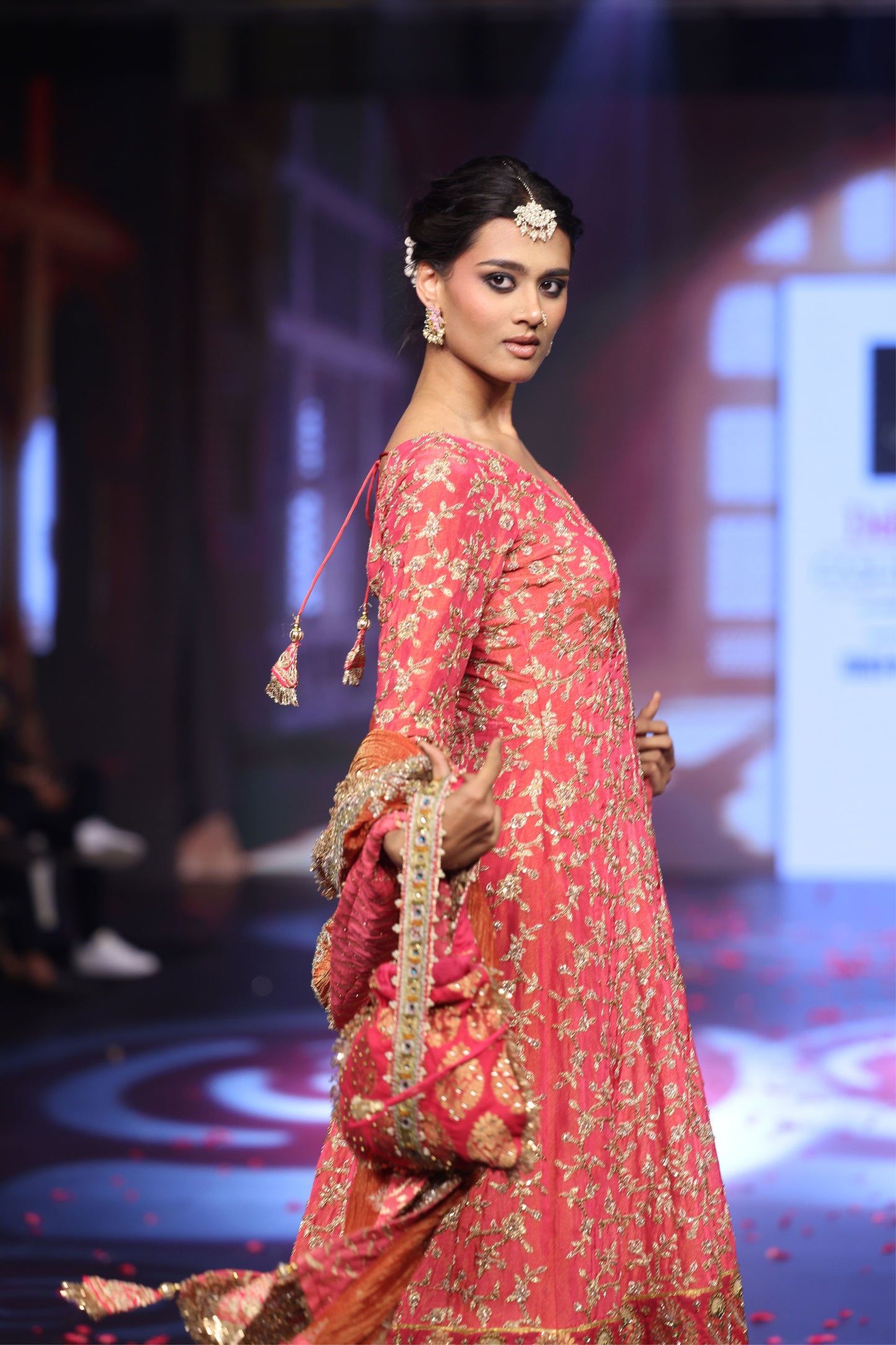 Ghungroo Peach Zari & Aari Work Anarkali with Rust Banarsi Dupatta