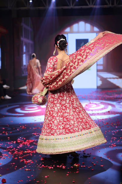 Ghungroo Crimson Red Hand-Embroidered Georgette Anarkali with Banarsi Dupatta