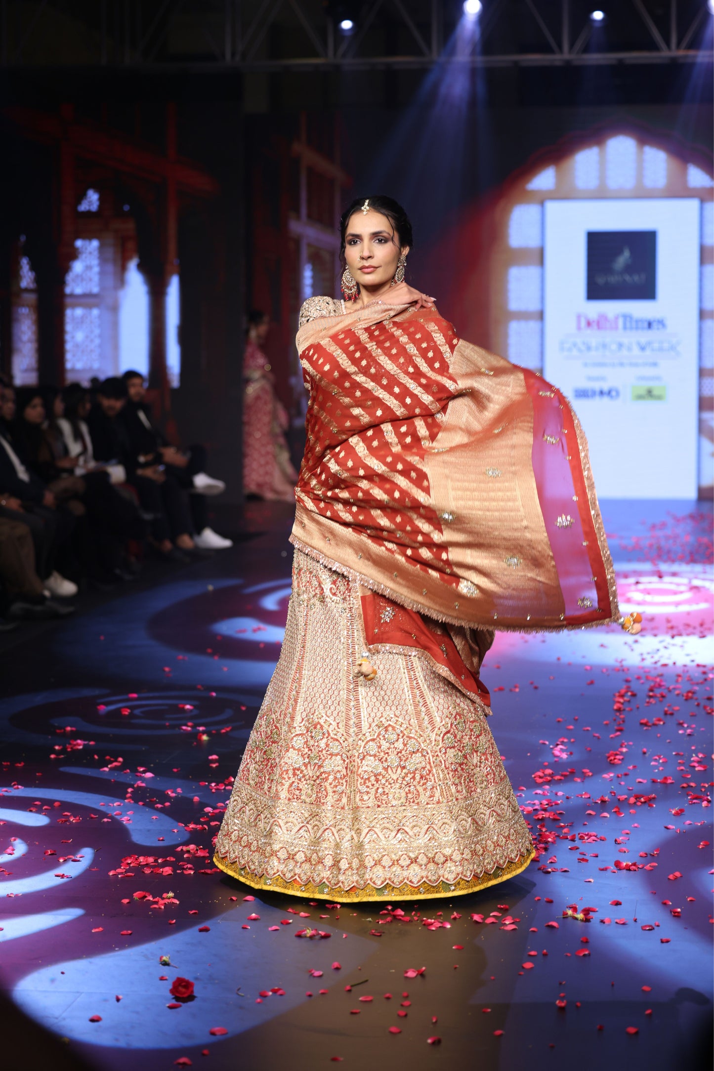 Ghungroo Brick Red & Peach Banarsi Lehenga with Polki & Mirror Work