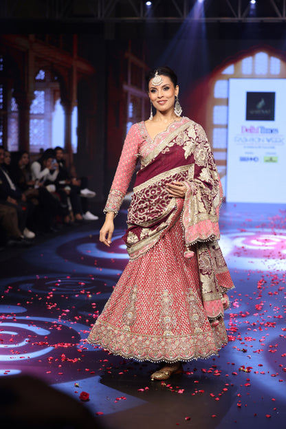 The Ghungroo Showstopper: Pink & Red Hand-Embroidered Anarkali with Burgundy Banarsi Dupatta