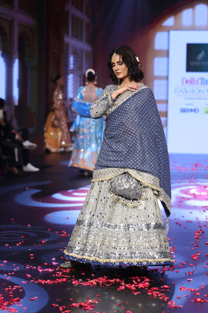 Ghungroo Gray Mirror Work Hand-Embroidered Anarkali with Hand-Embroidered Cobalt Blue Dupatta