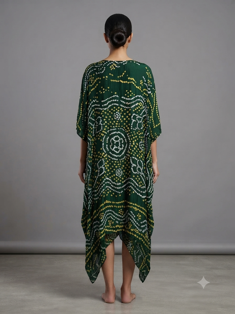 Green Silk Bandhej Printed Kaftan