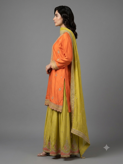 Apple Green & Orange Garara Chiffon Hand Embroidered Suit Set