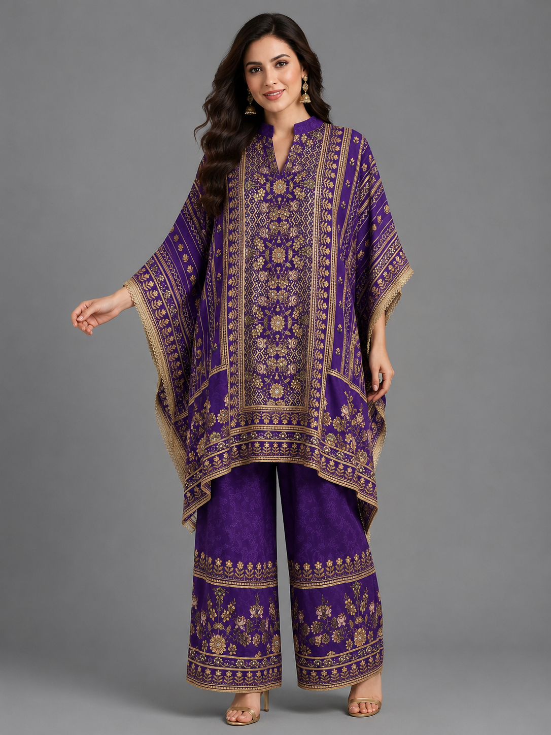 Royal Purple Satin Silk Mughal Geometric Printed Kaftan Pant Set