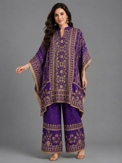 Royal Purple Satin Silk Mughal Geometric Printed Kaftan Pant Set