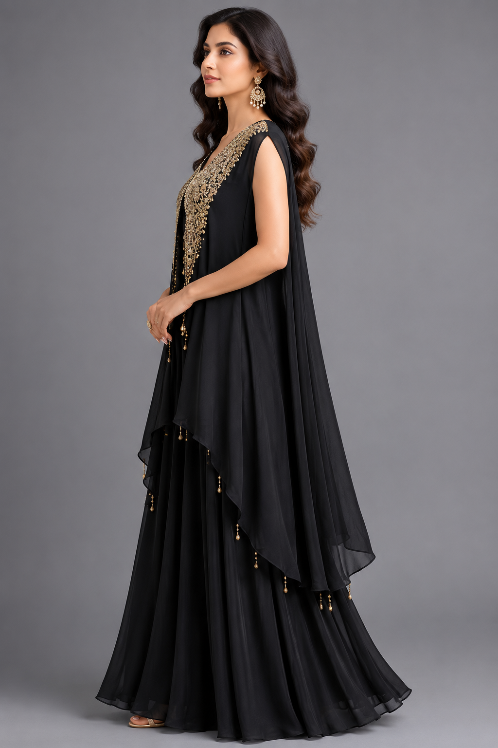 Black Satin Embellished kaftan with Cowl dreap skirt