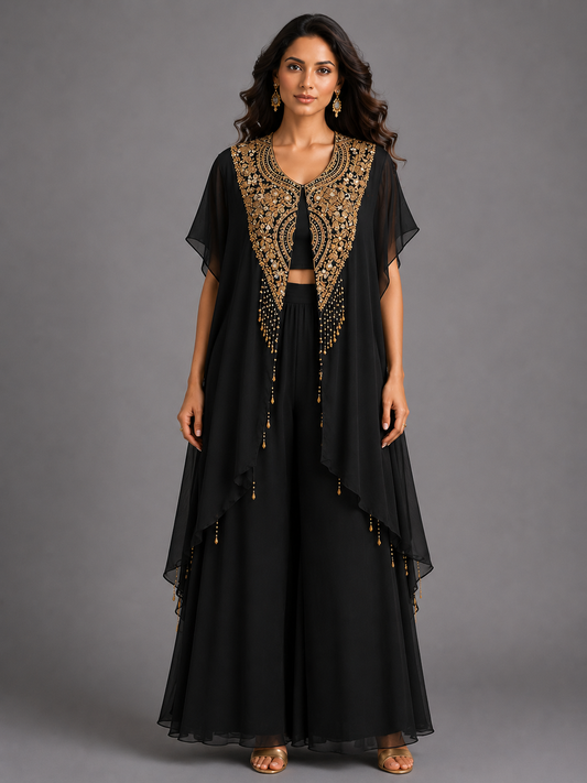 Black Satin Embellished kaftan with Cowl dreap skirt