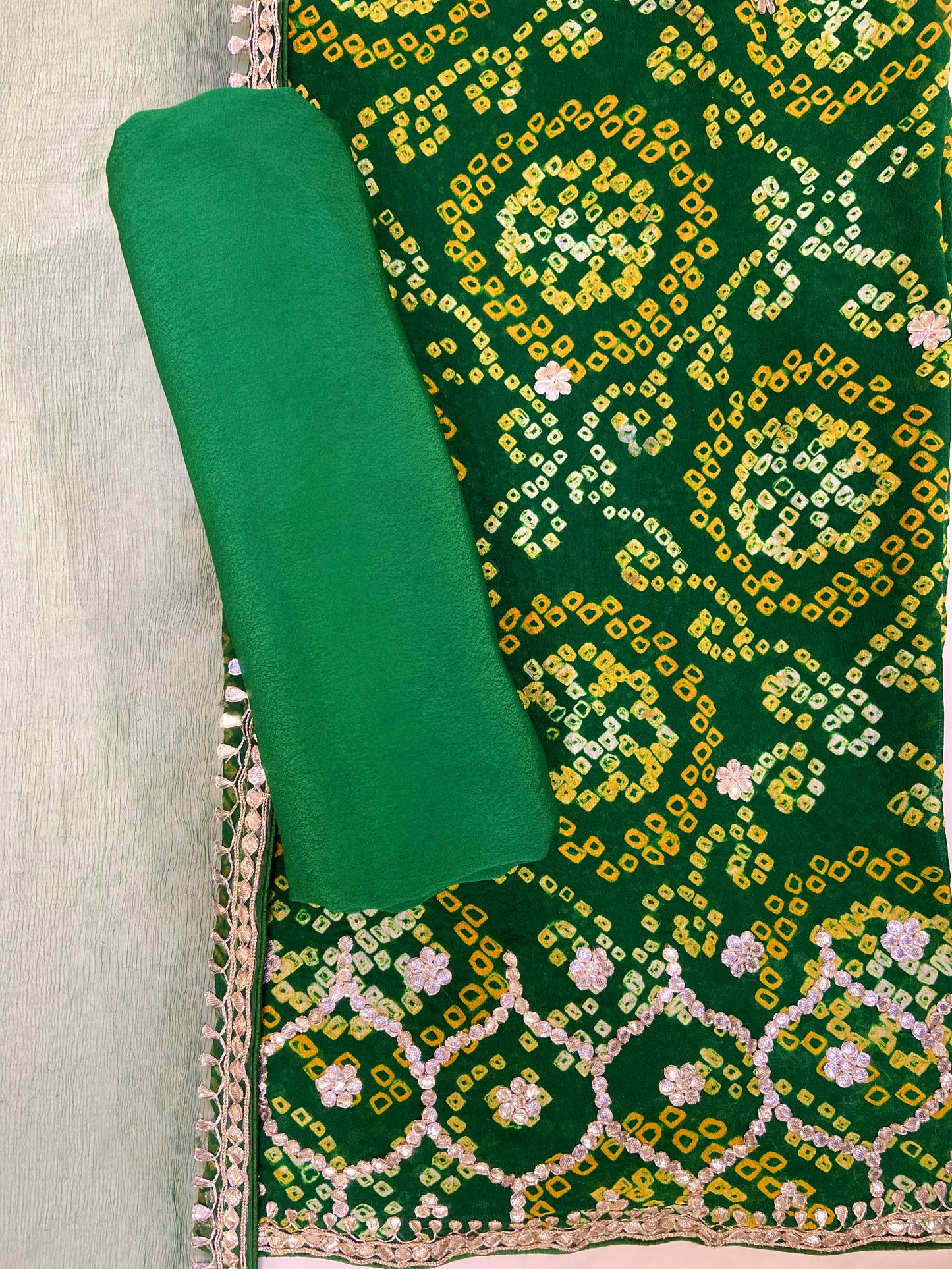 Green Printed Crape Bandhej Unstitched Fabric