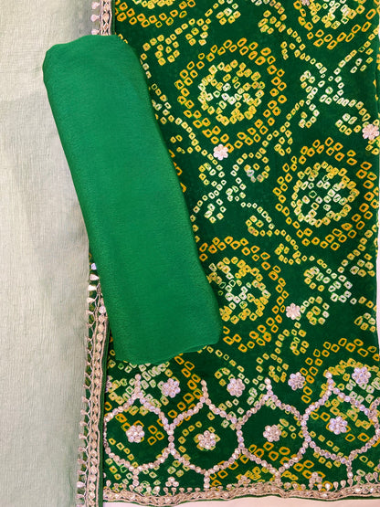 Green Printed Crape Bandhej Unstitched Fabric