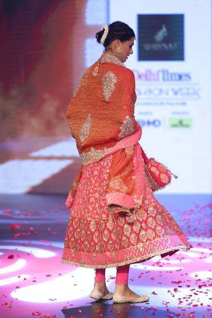 Ghungroo Peach Zari & Aari Work Anarkali with Rust Banarsi Dupatta