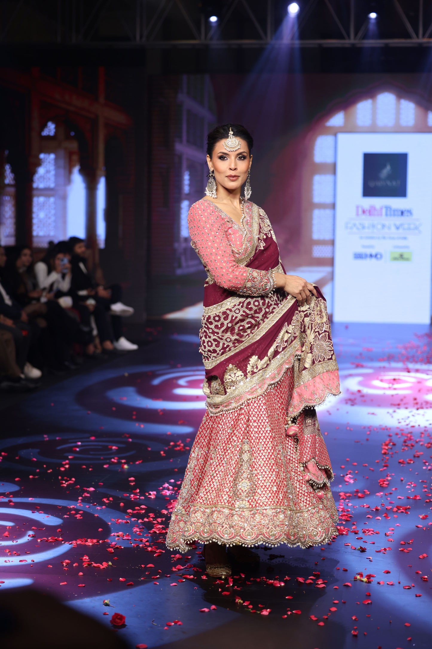 The Ghungroo Showstopper: Pink & Red Hand-Embroidered Anarkali with Burgundy Banarsi Dupatta