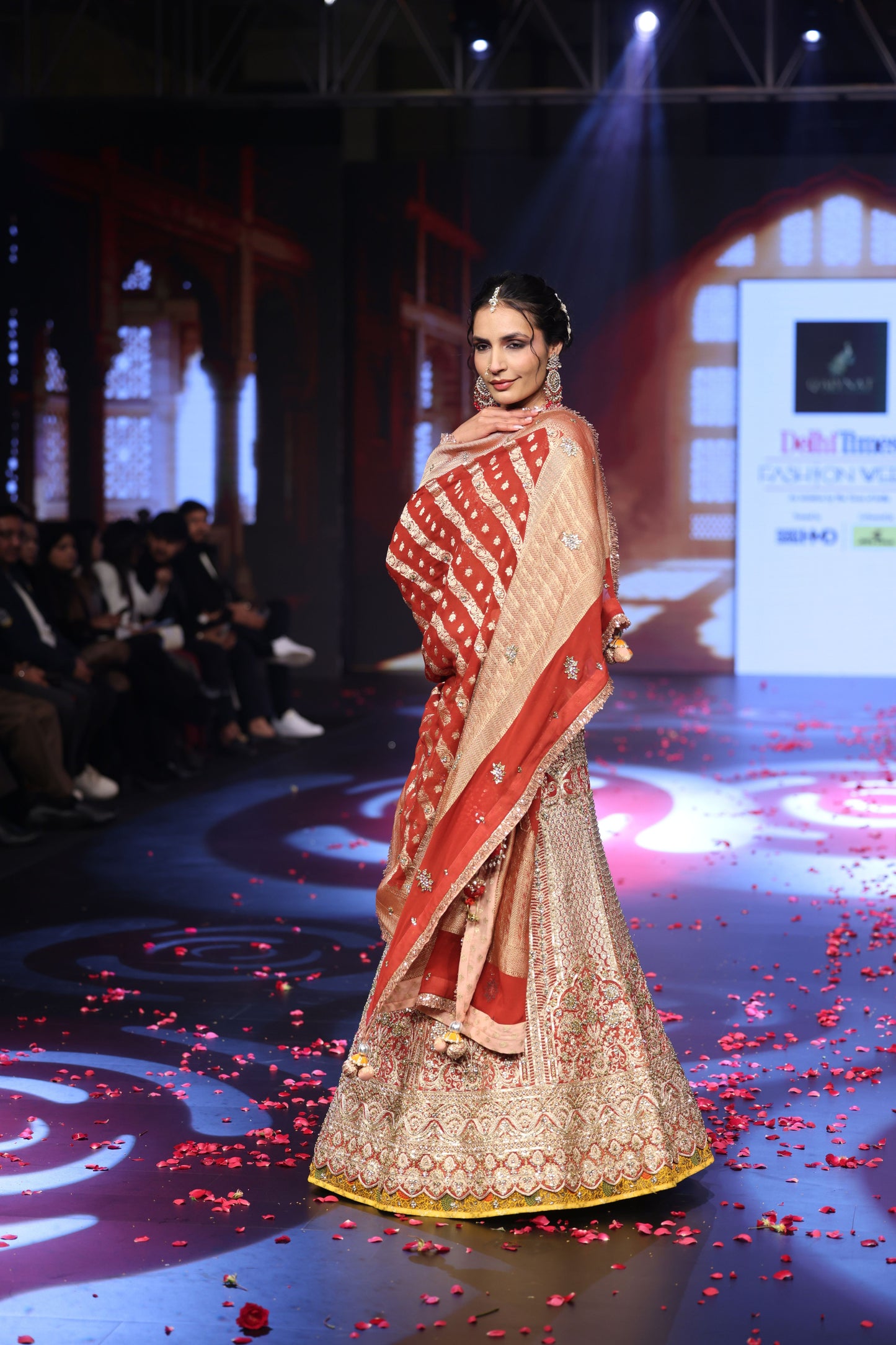 Ghungroo Brick Red & Peach Banarsi Lehenga with Polki & Mirror Work