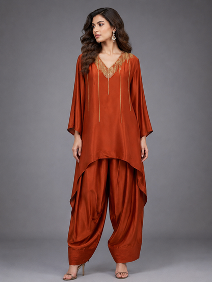 Rust Satin Neack Embellished  Cord Set