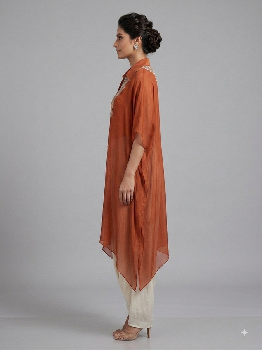 Rust Satin Hand Embroidered Kimono with Ivory Dhoti