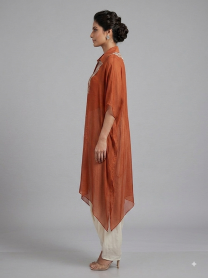 Rust Satin Hand Embroidered Kimono with Ivory Dhoti