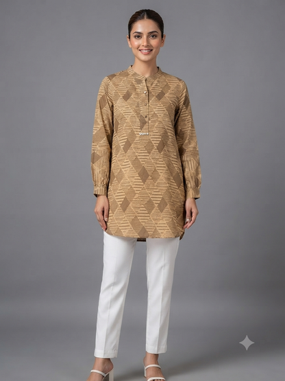 Beige Cotton Geometric Printed Shirt