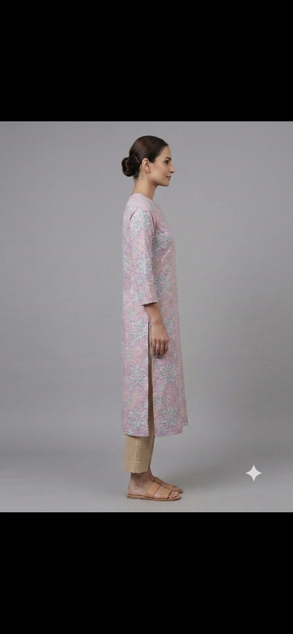 Pink printed cotton kurta