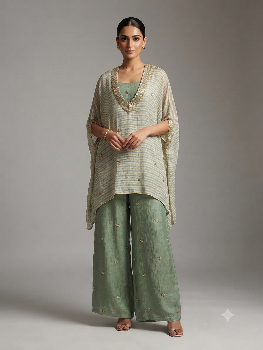 Beige,Green Tishu Silk Cord Set