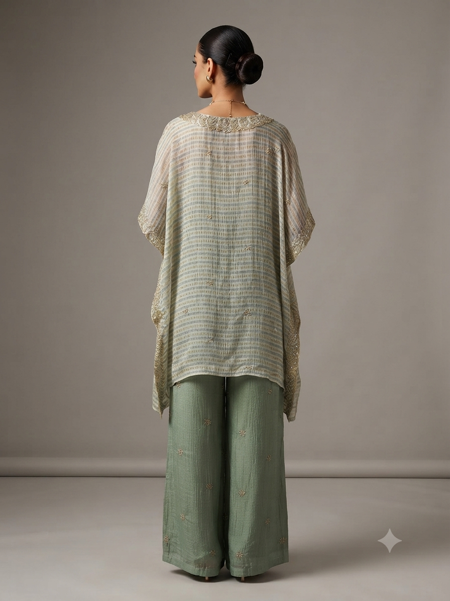 Beige,Green Tishu Silk Cord Set