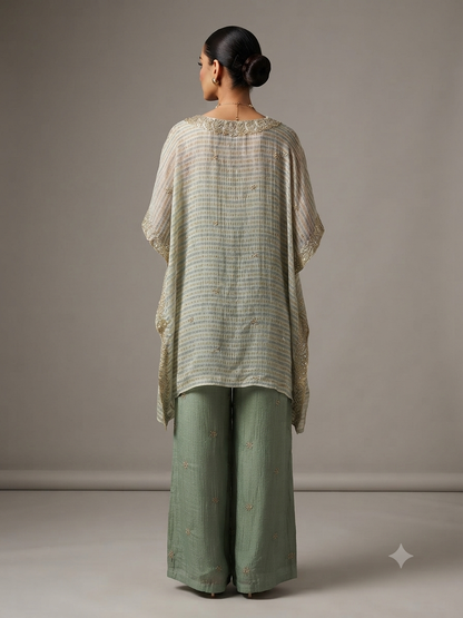 Beige,Green Tishu Silk Cord Set