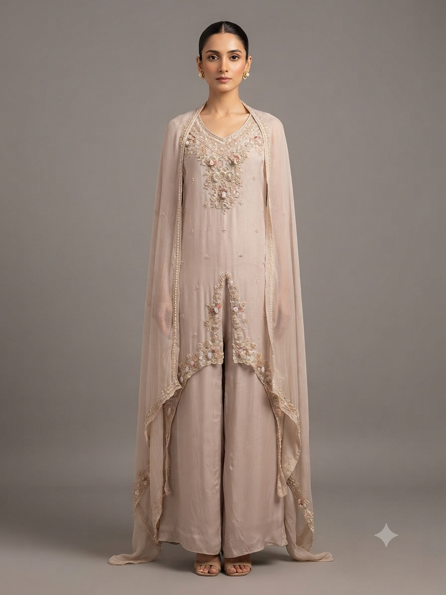 Rose Gold Creap Embellish Kurta Set With Dupatta