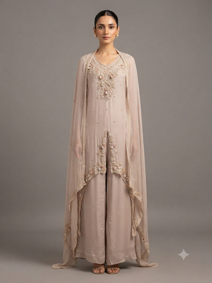 Rose Gold Creap Embellish Kurta Set With Dupatta