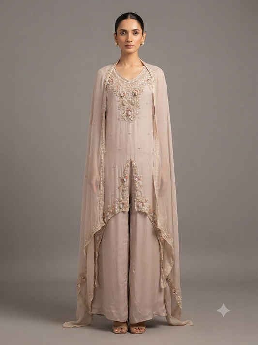 Rose Gold Creap Embellish Kurta Set With Dupatta